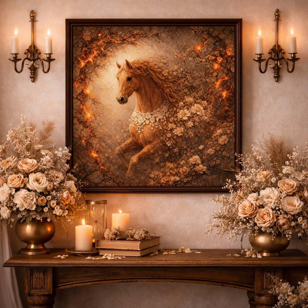 Golden Floral Fire Horse Canvas – Rustic Bloom Wall Decor