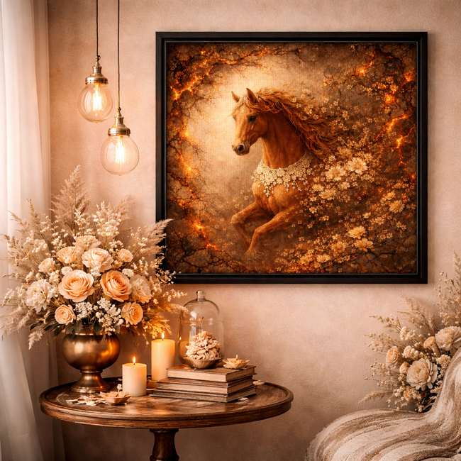 Golden Floral Fire Horse Canvas – Rustic Bloom Wall Decor