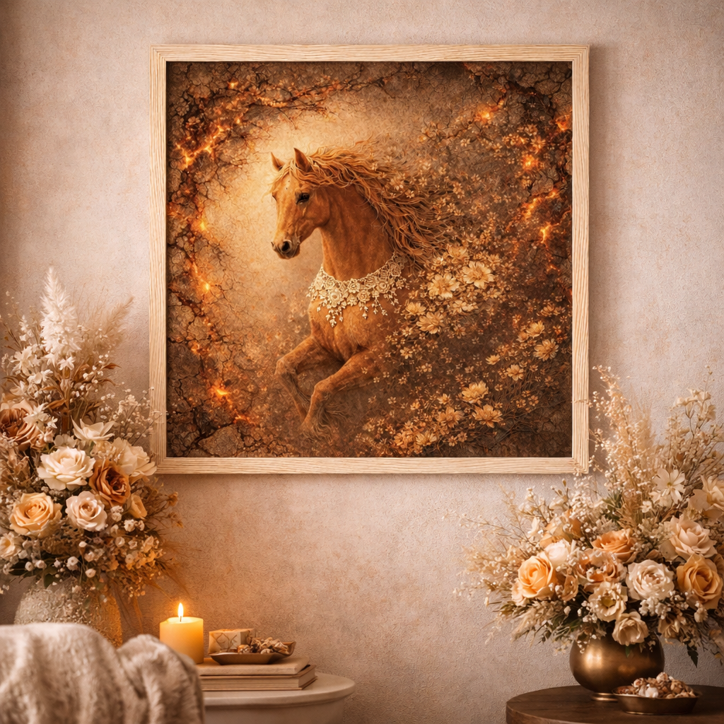 Golden Floral Fire Horse Wall Art – Fantasy Ember Bloom Wall Decor
