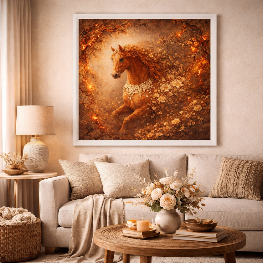 Golden Floral Fire Horse Wall Art – Fantasy Ember Bloom Wall Decor