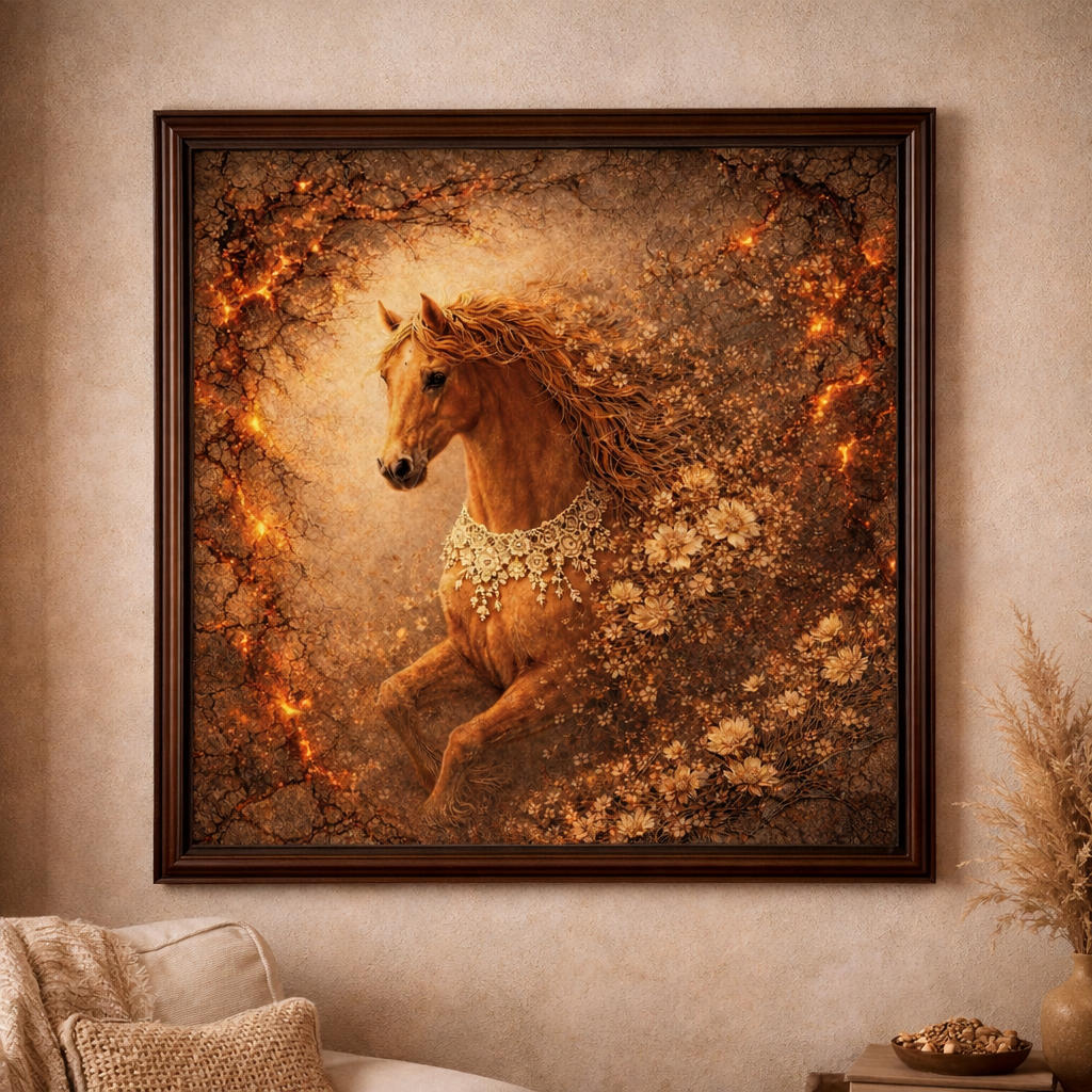 Golden Floral Fire Horse Wall Art – Fantasy Ember Bloom Wall Decor