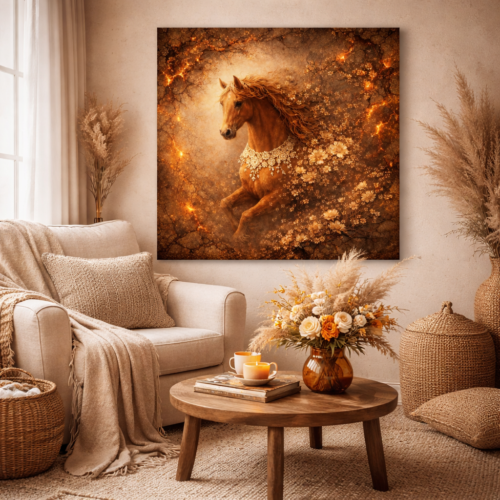 Golden Floral Fire Horse Wall Art – Fantasy Ember Bloom Wall Decor