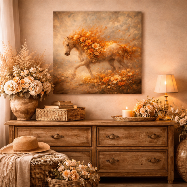 Golden Floral Horse Wood Print – Fantasy Bloom Wall Decor