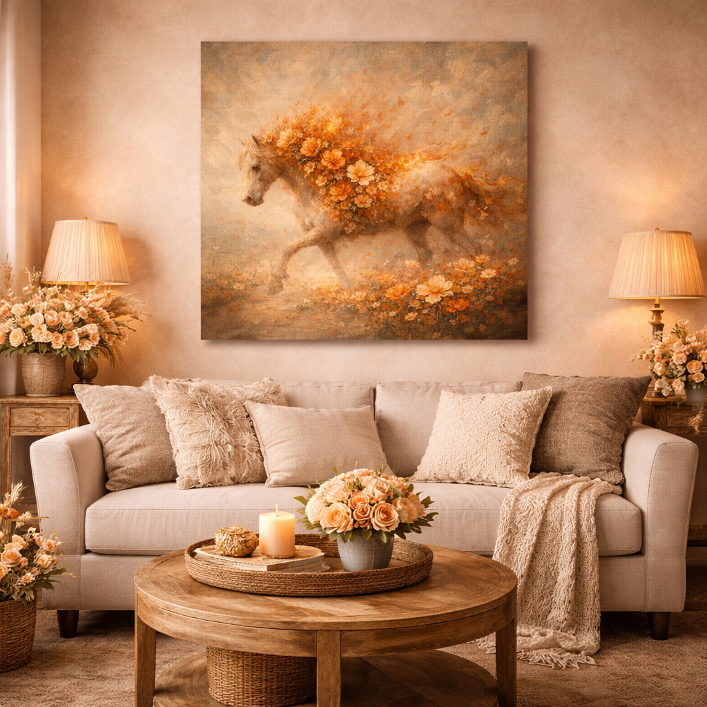 Golden Floral Horse Wood Print – Fantasy Bloom Wall Decor