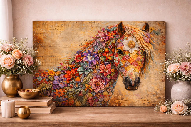 Horse Wood Wall Art – Floral Horse Decor