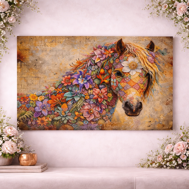 Floral Horse Wall Art – Botanical Luxury Decor