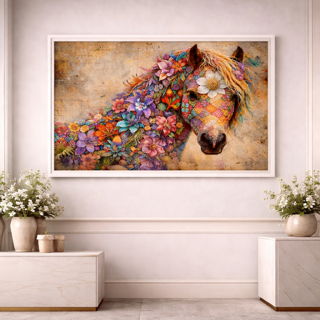 Floral Horse Wall Art – Botanical Luxury Decor