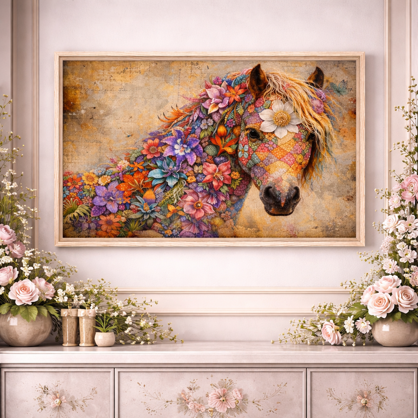 Floral Horse Wall Art – Botanical Luxury Decor