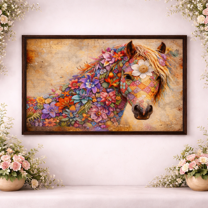 Floral Horse Wall Art – Botanical Luxury Decor