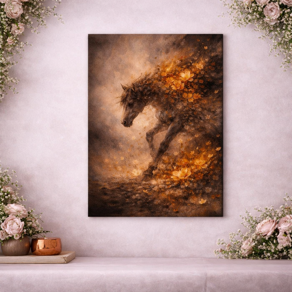 Running Fire Horse – Dark Floral Fire Horse Canvas