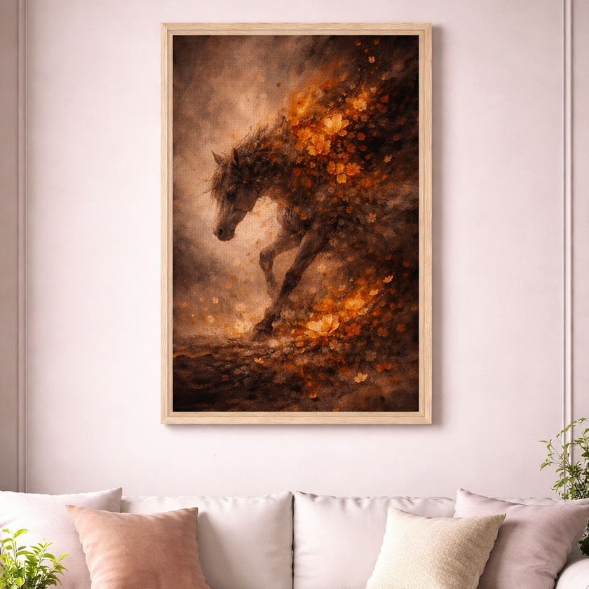 Running Fire Horse – Dark Floral Fire Horse Canvas