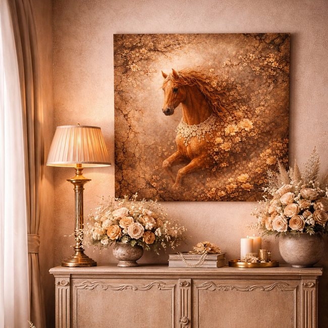 Rustic Floral Horse Wood Print – Vintage Bloom Wall Decor