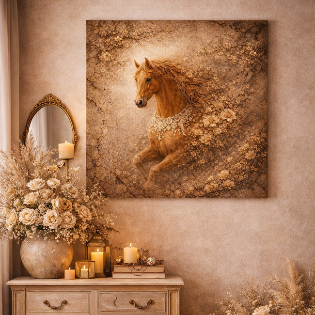 Rustic Floral Horse Canvas – Vintage Bloom Wall Decor