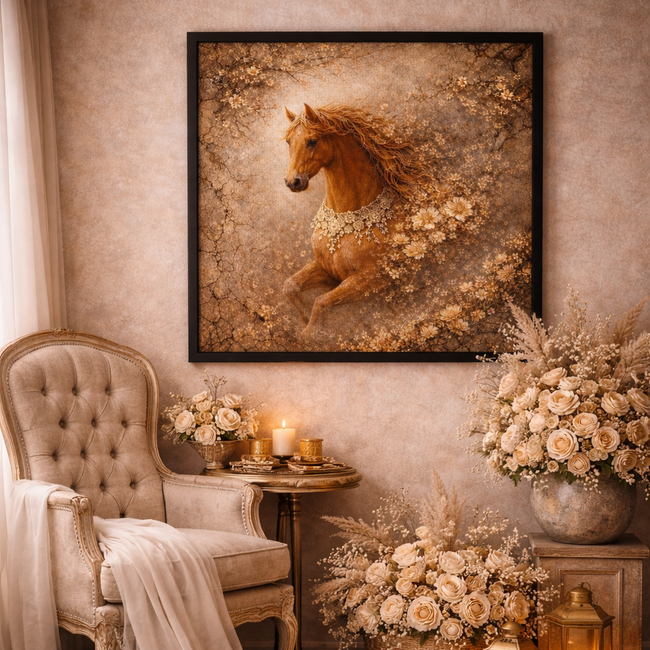 Rustic Floral Horse Canvas – Vintage Bloom Wall Decor