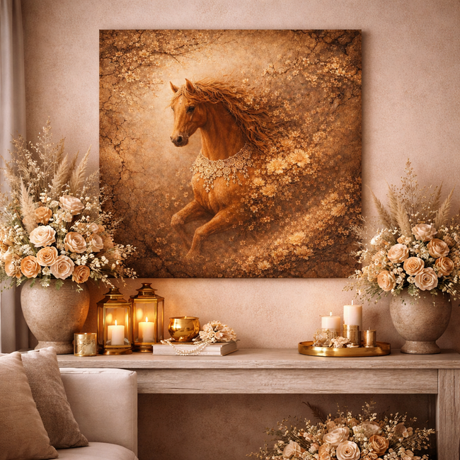 Rustic Floral Horse Wood Print – Vintage Bloom Wall Decor