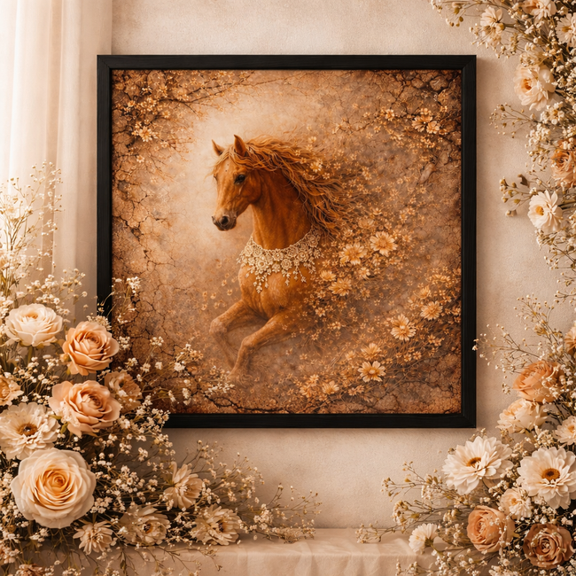 Rustic Floral Horse Wall Art – Vintage Bloom Wall Decor