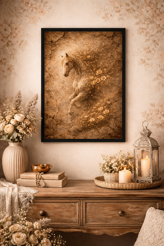 Vintage Horse Canvas Art – Sepia Bloom Wall Decor