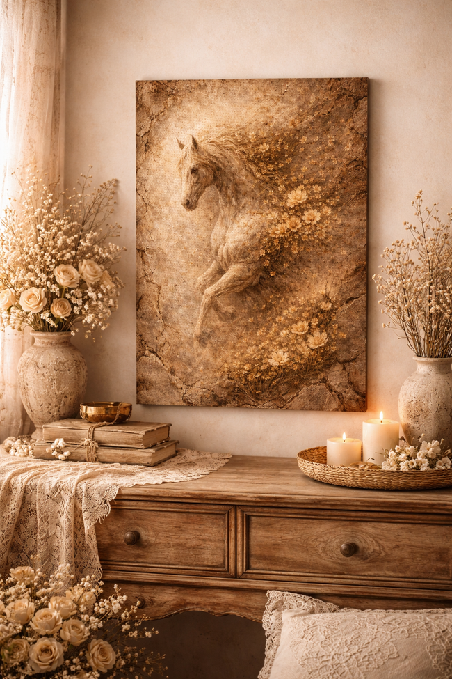 Vintage Horse Canvas Art – Sepia Bloom Wall Decor