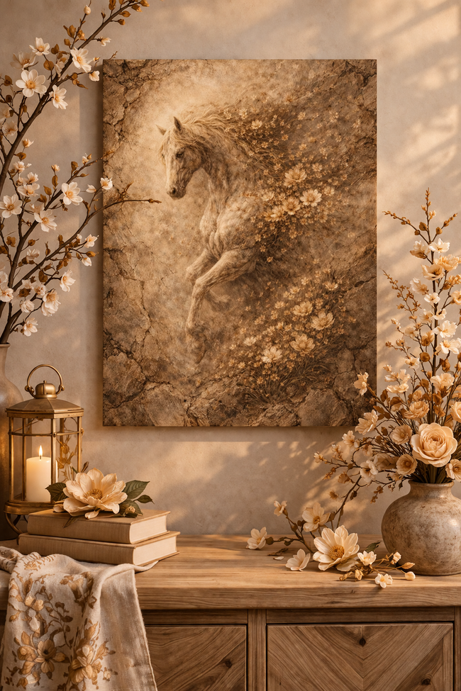Vintage Horse Wood Art Print – Sepia Bloom Wall Decor