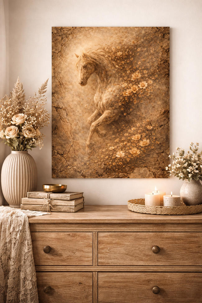 Vintage Horse Wood Art Print – Sepia Bloom Wall Decor