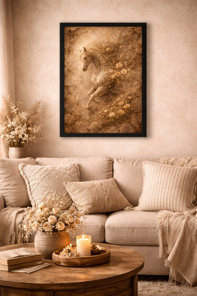 Vintage Floral Horse Wall Art – Sepia Bloom Wall Decor