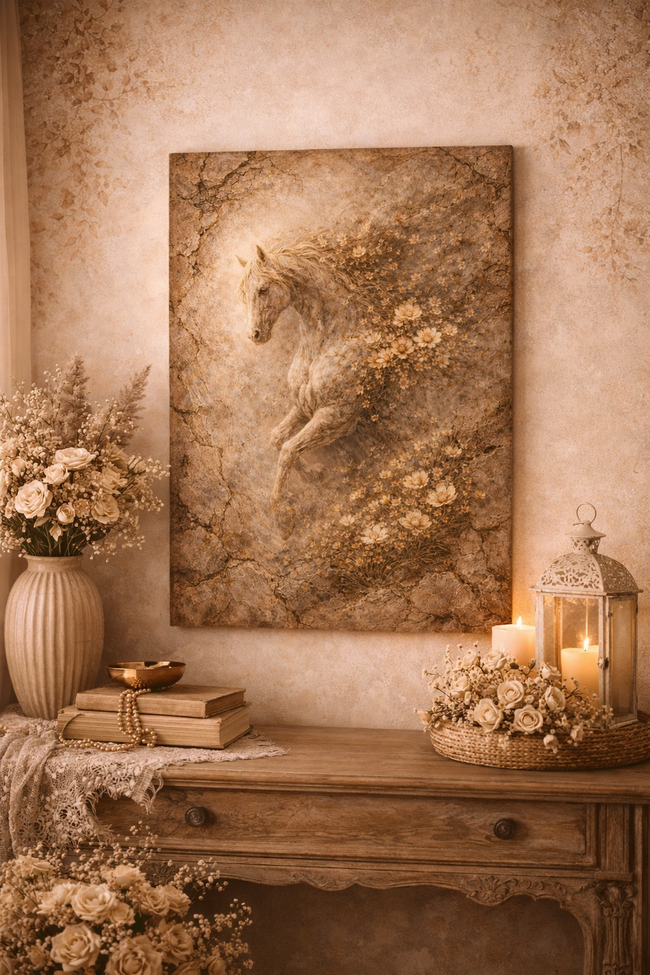 Vintage Floral Horse Wall Art – Sepia Bloom Wall Decor